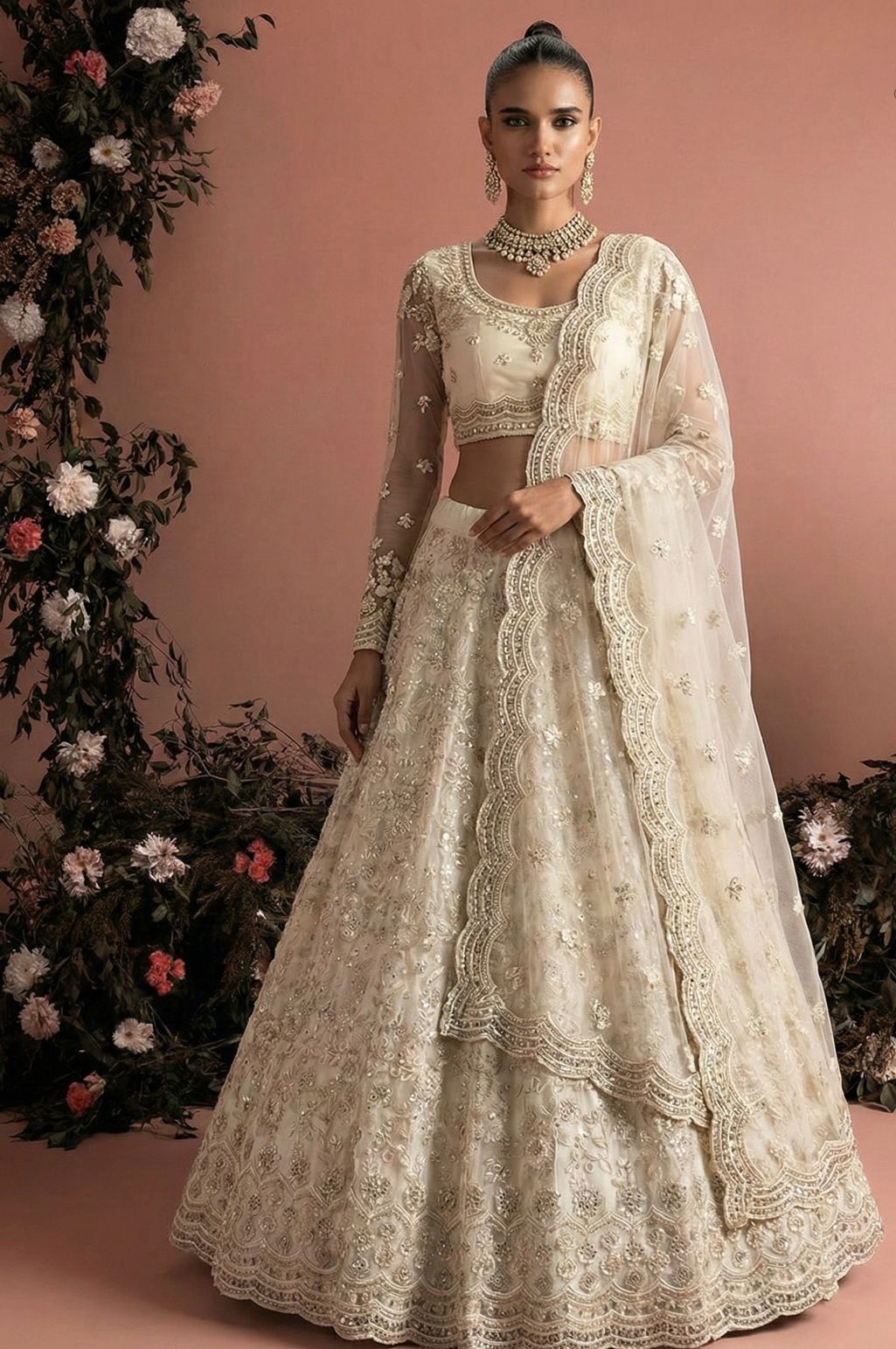 Elegant Embroidered Net Unstitched Lehenga Set