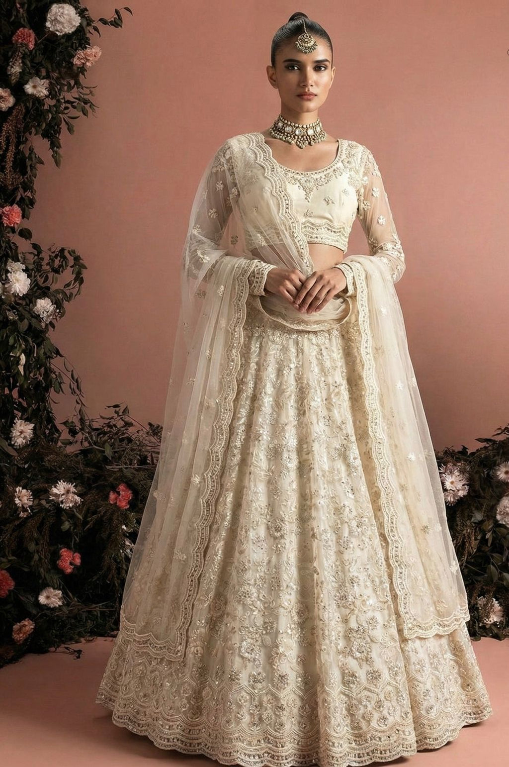 Elegant Embroidered Net Unstitched Lehenga Set