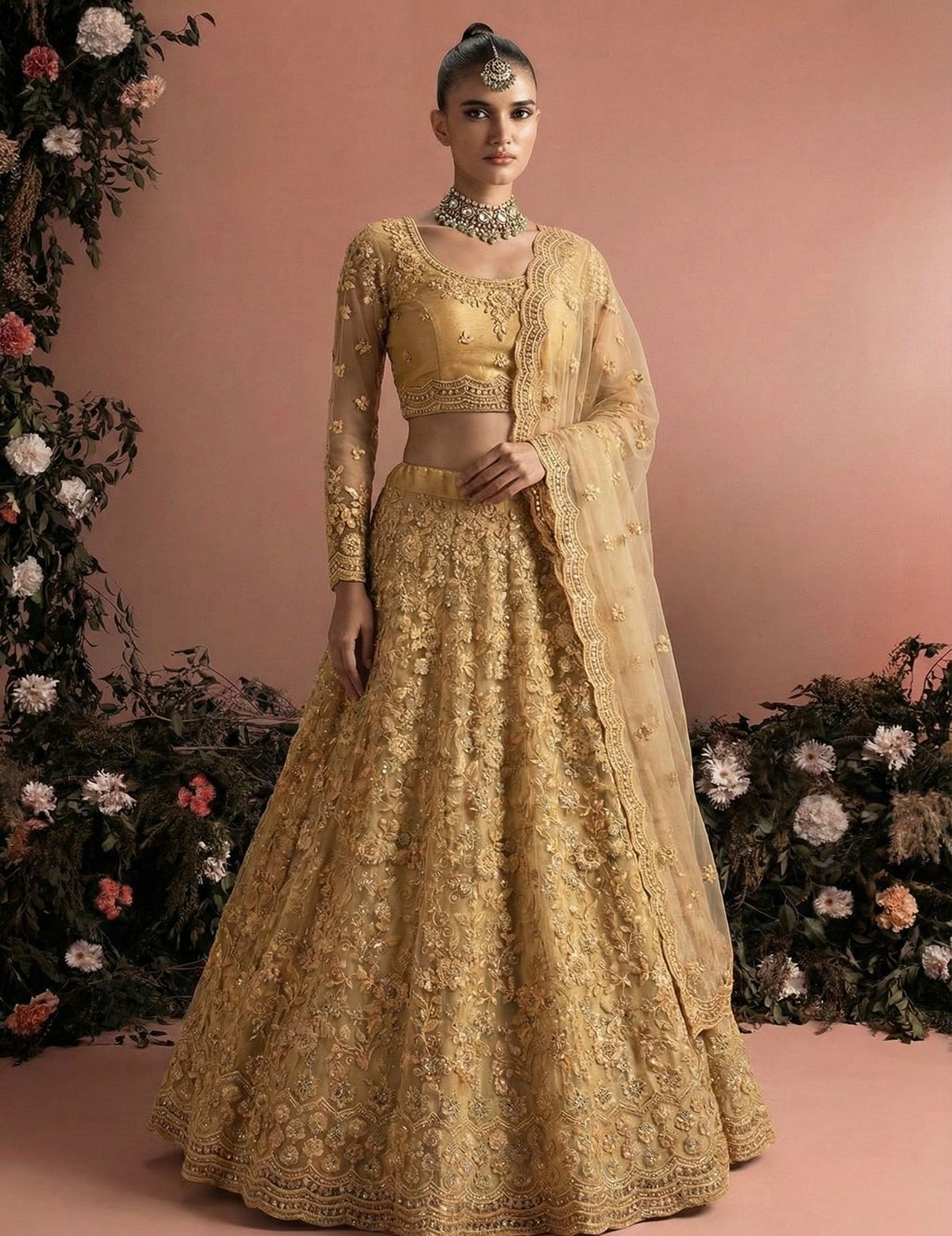 Elegant Embroidered Net Unstitched Lehenga Set