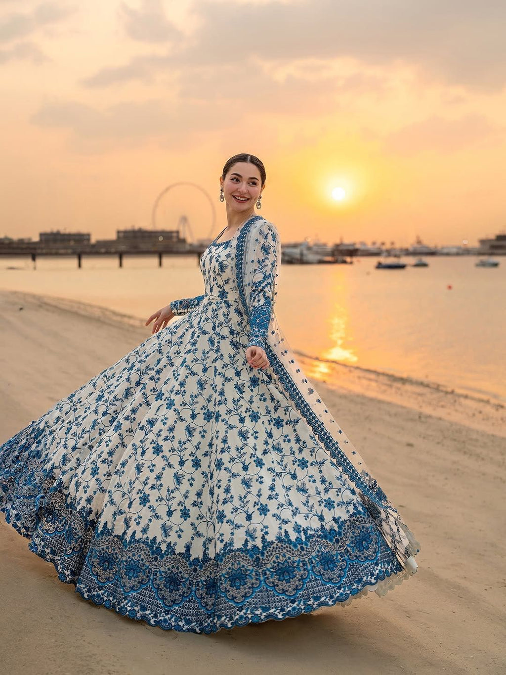 Elegant Blue & Ivory Floral Anarkali Dress
