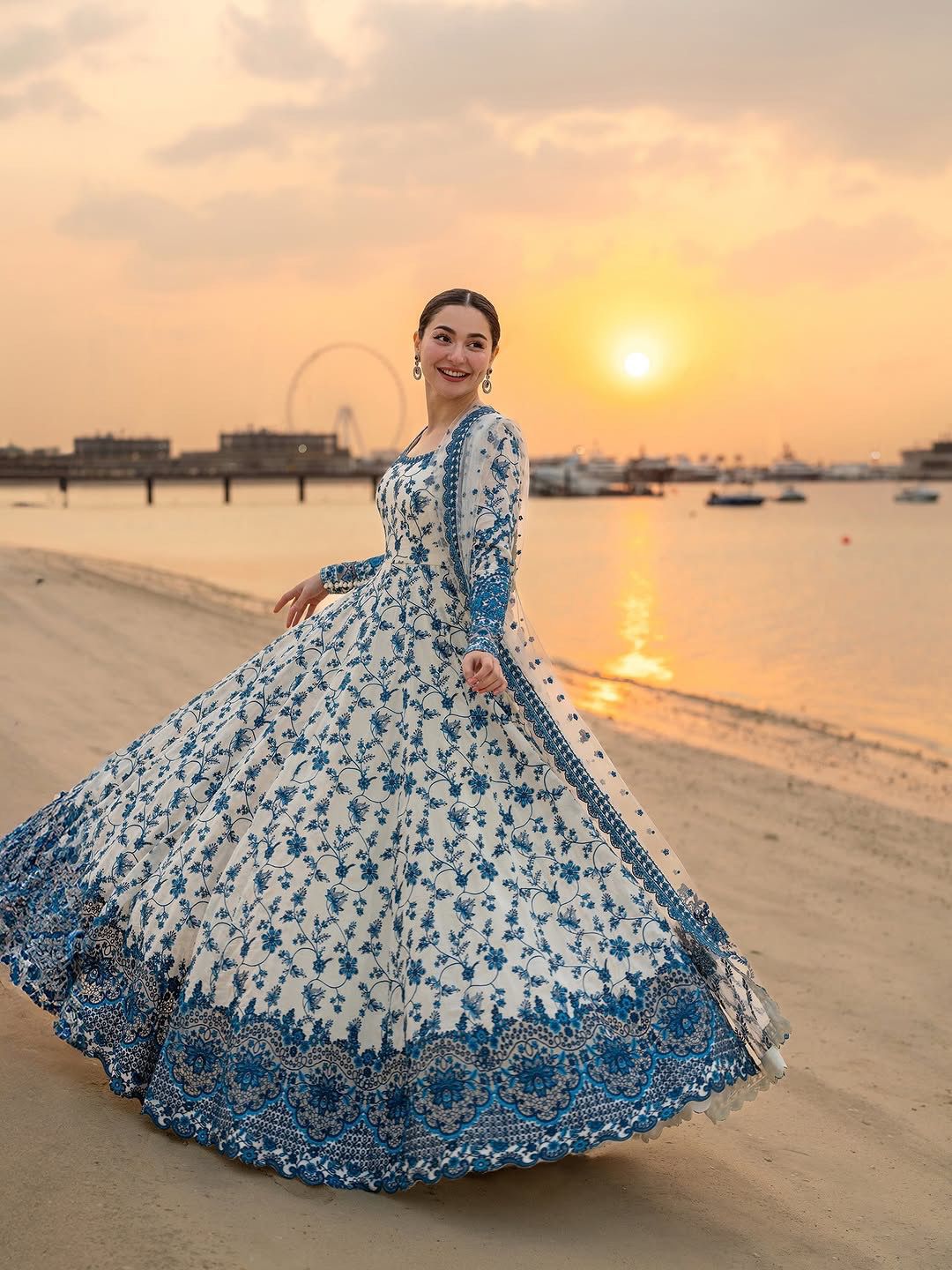 Elegant Blue & Ivory Floral Anarkali Dress