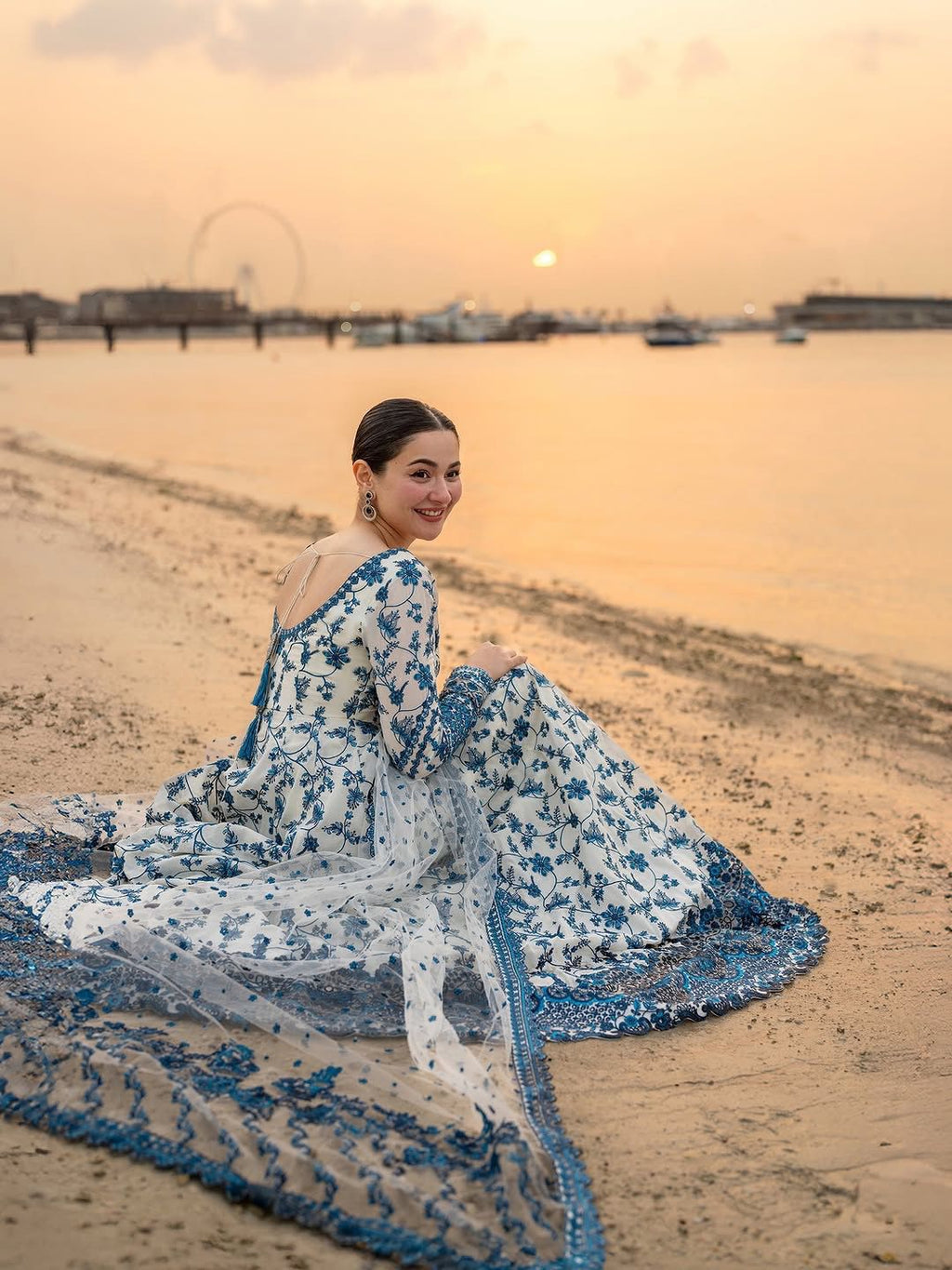 Elegant Blue & Ivory Floral Anarkali Dress