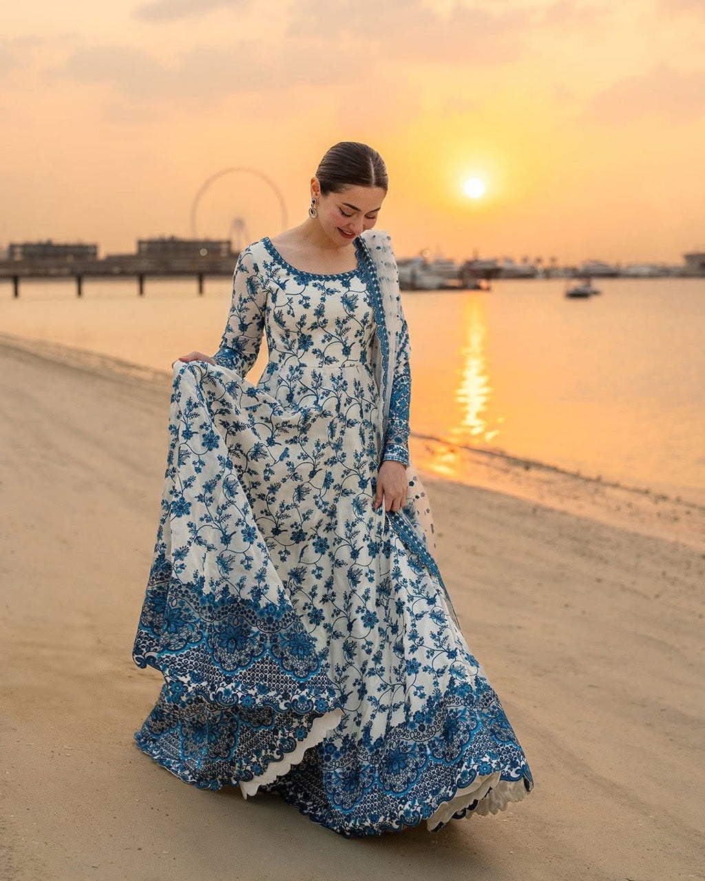 Elegant Blue & Ivory Floral Anarkali Dress