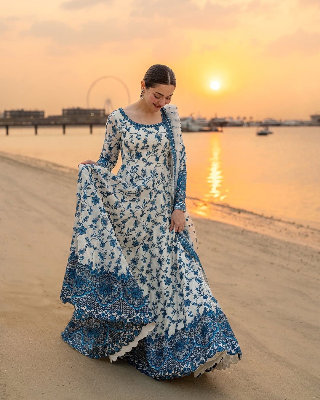 Elegant Blue & Ivory Floral Anarkali Dress