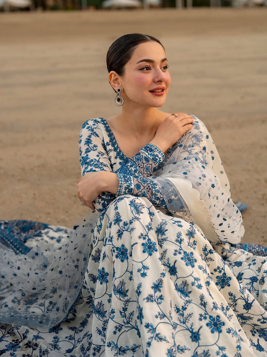 Elegant Blue & Ivory Floral Anarkali Dress