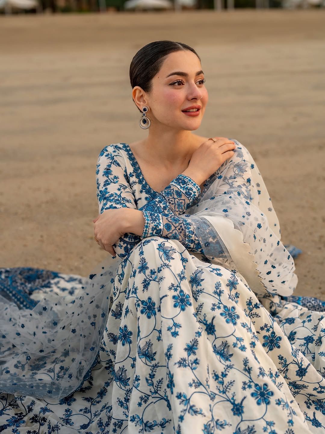 Elegant Blue & Ivory Floral Anarkali Dress