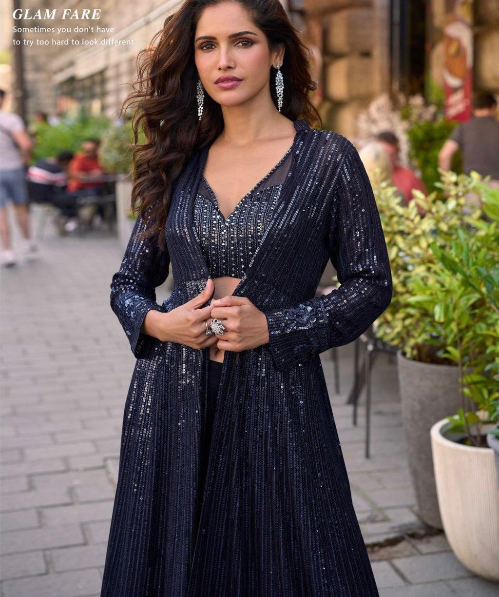 Embellished Crop Top & Palazzo Set with Sheer Jacket