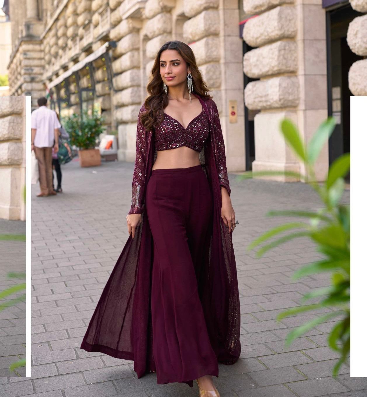 Embellished Crop Top & Palazzo Set with Sheer Jacket