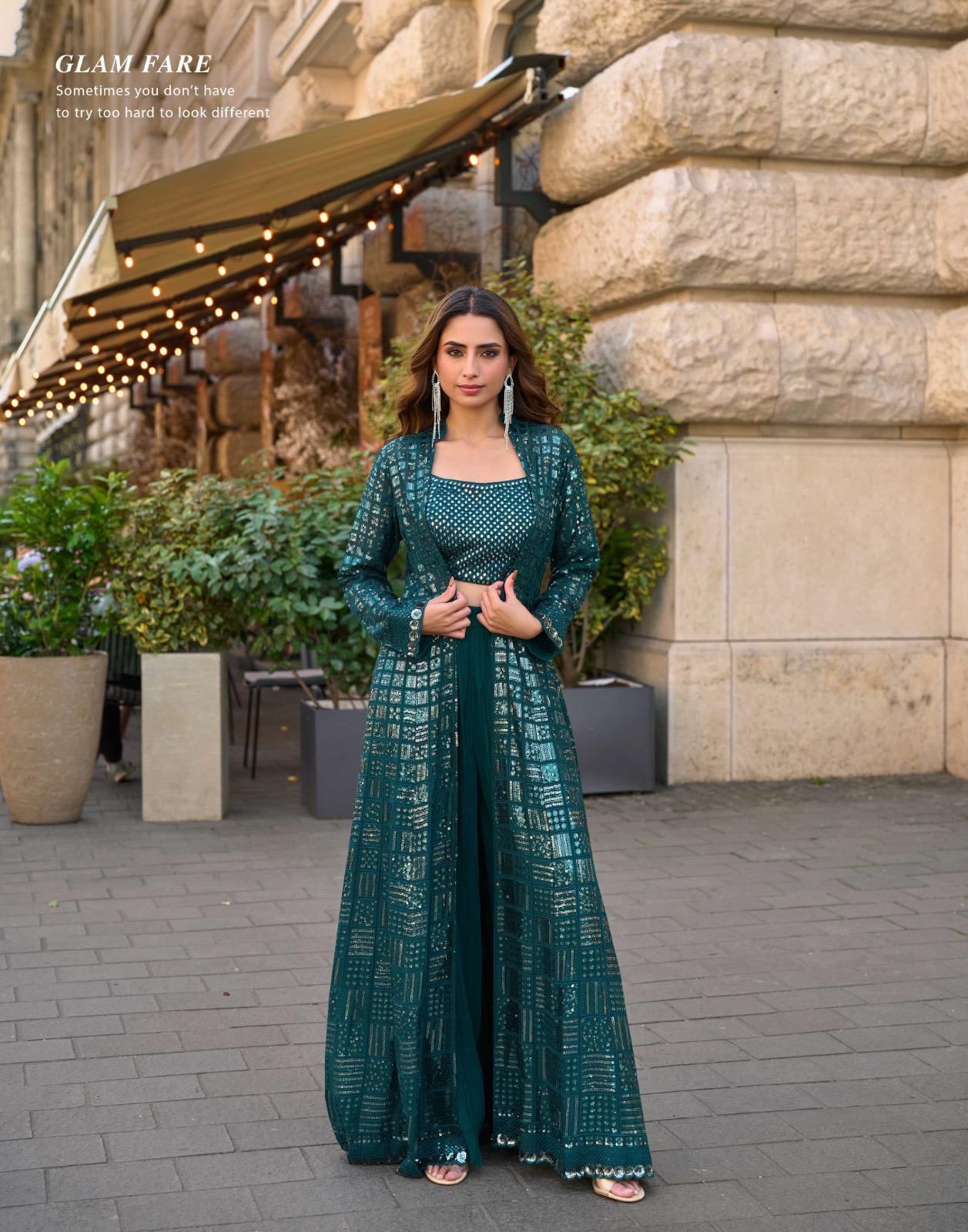 Embellished Crop Top & Palazzo Set with Sheer Jacket