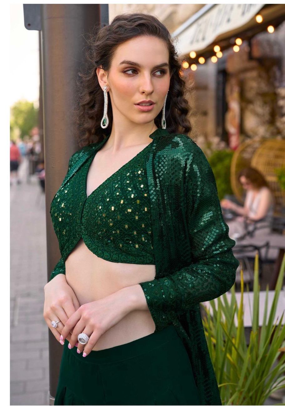 Embellished Crop Top & Palazzo Set with Sheer Jacket