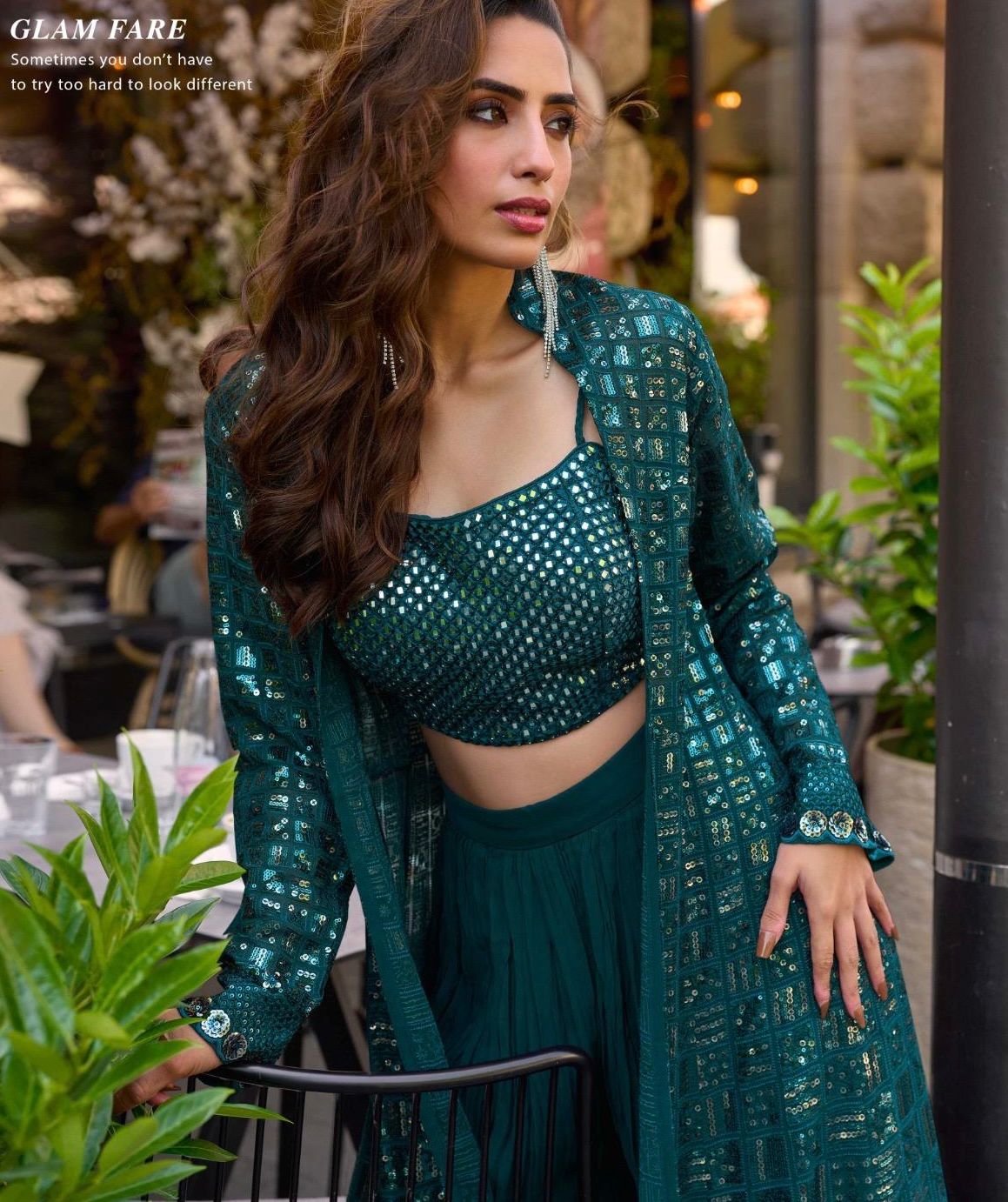 Embellished Crop Top & Palazzo Set with Sheer Jacket