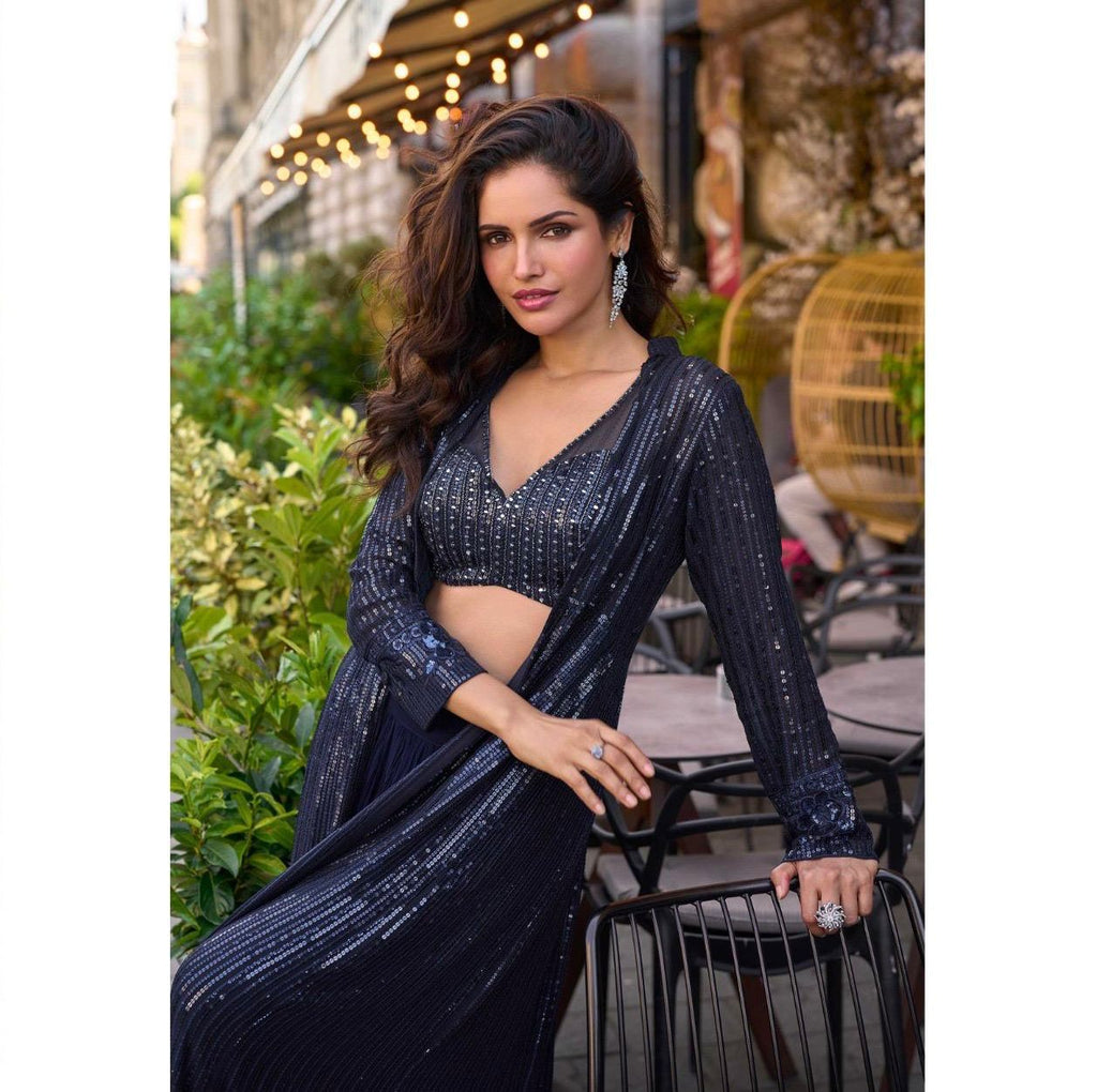 Embellished Crop Top & Palazzo Set with Sheer Jacket