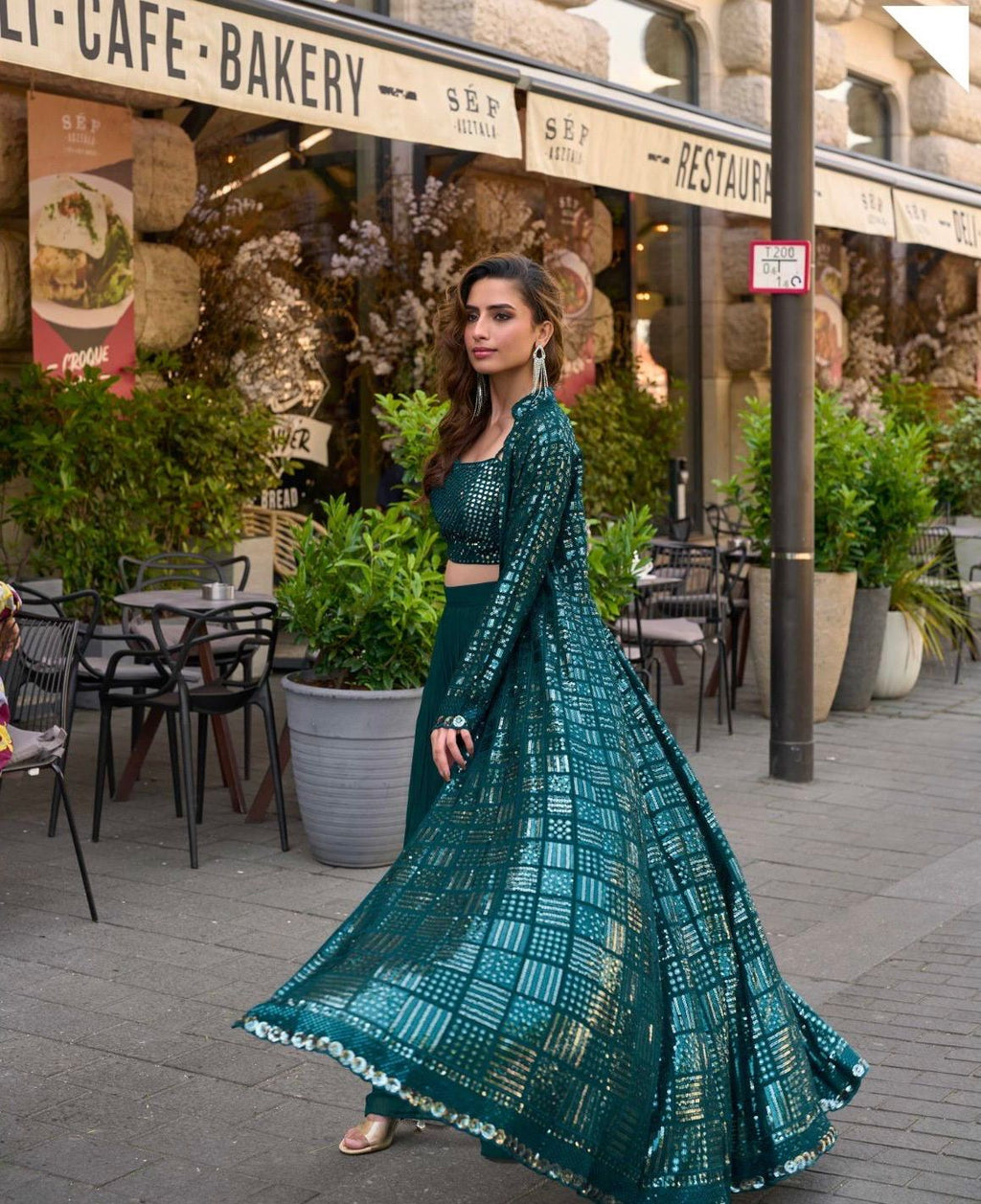 Embellished Crop Top & Palazzo Set with Sheer Jacket