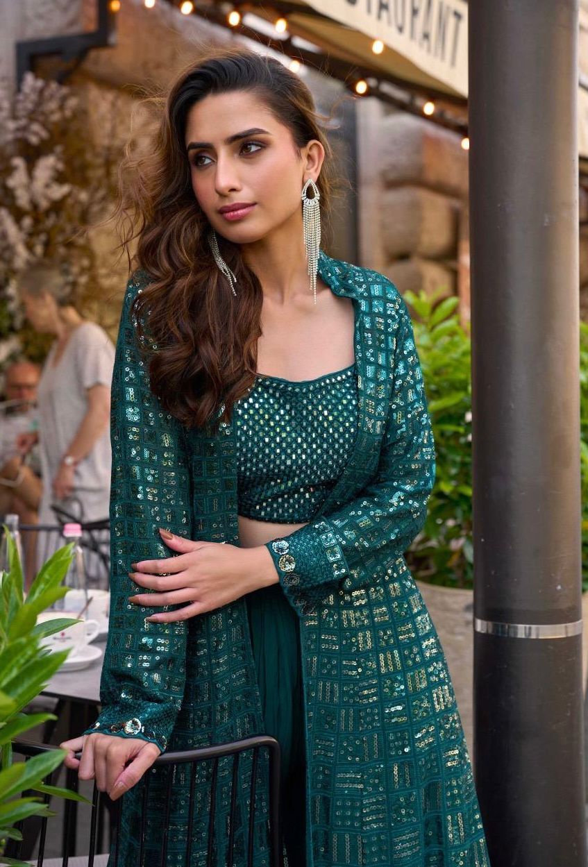 Embellished Crop Top & Palazzo Set with Sheer Jacket