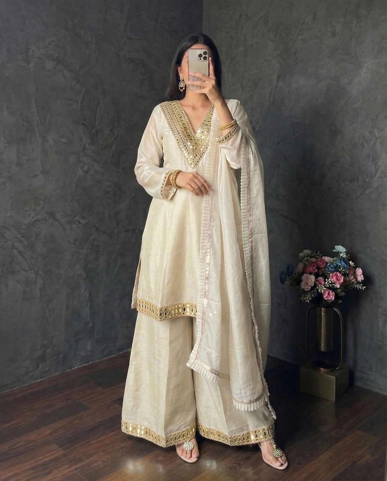 Classic Ivory Mirror Work Kurta & Palazzo Set
