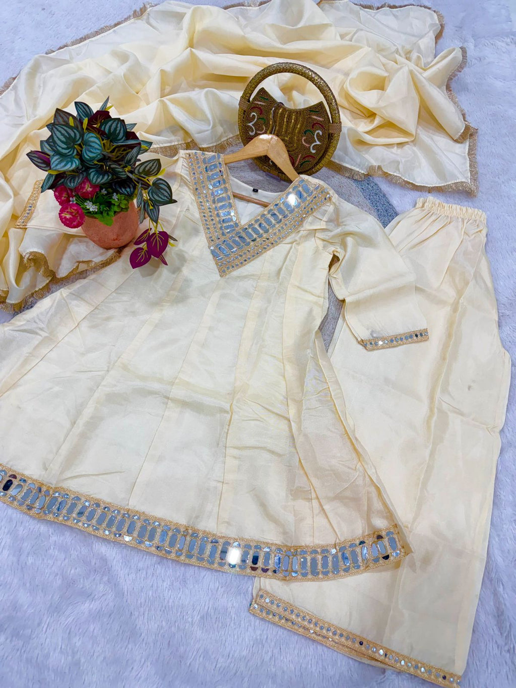 Classic Ivory Mirror Work Kurta & Palazzo Set