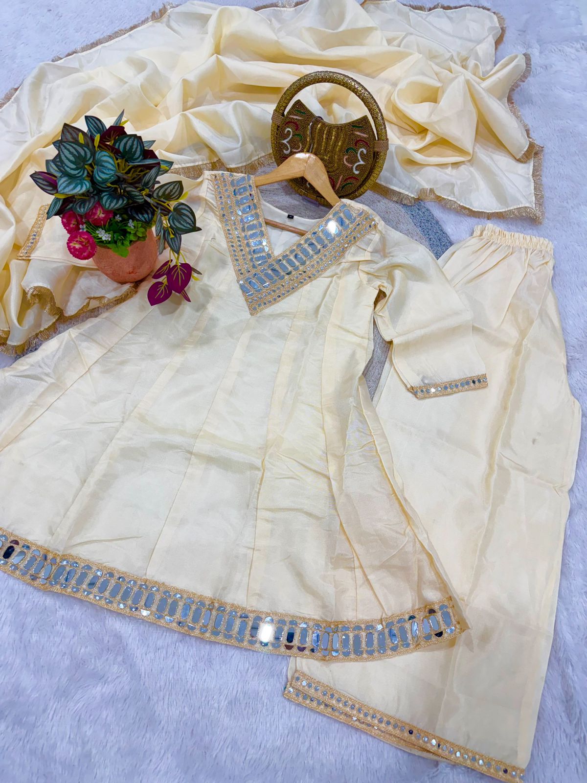 Classic Ivory Mirror Work Kurta & Palazzo Set