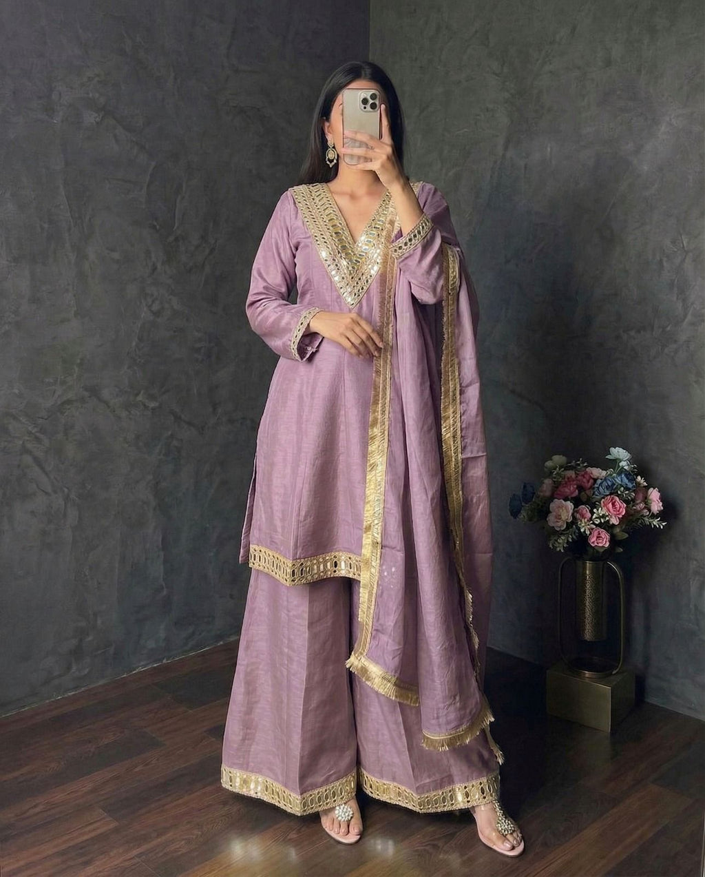 Classic Ivory Mirror Work Kurta & Palazzo Set