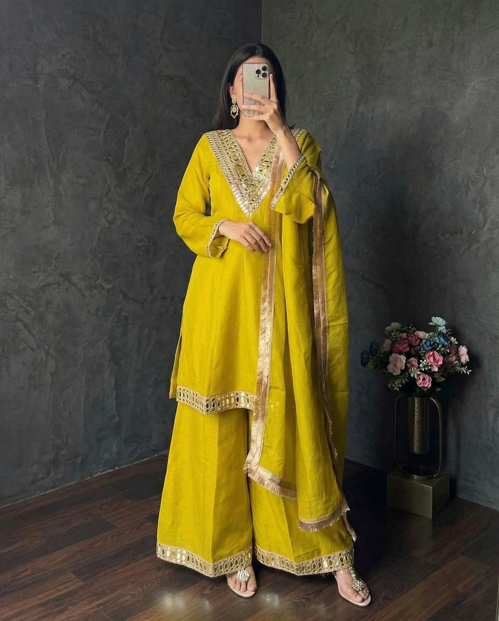 Classic Ivory Mirror Work Kurta & Palazzo Set