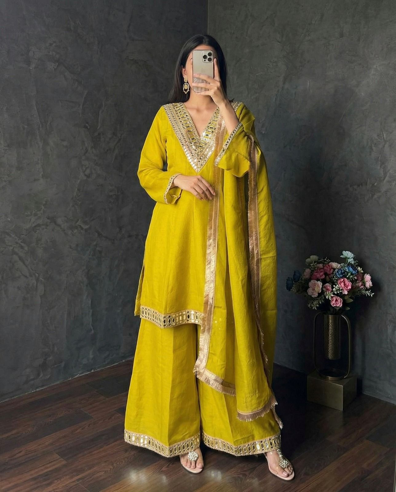 Classic Ivory Mirror Work Kurta & Palazzo Set