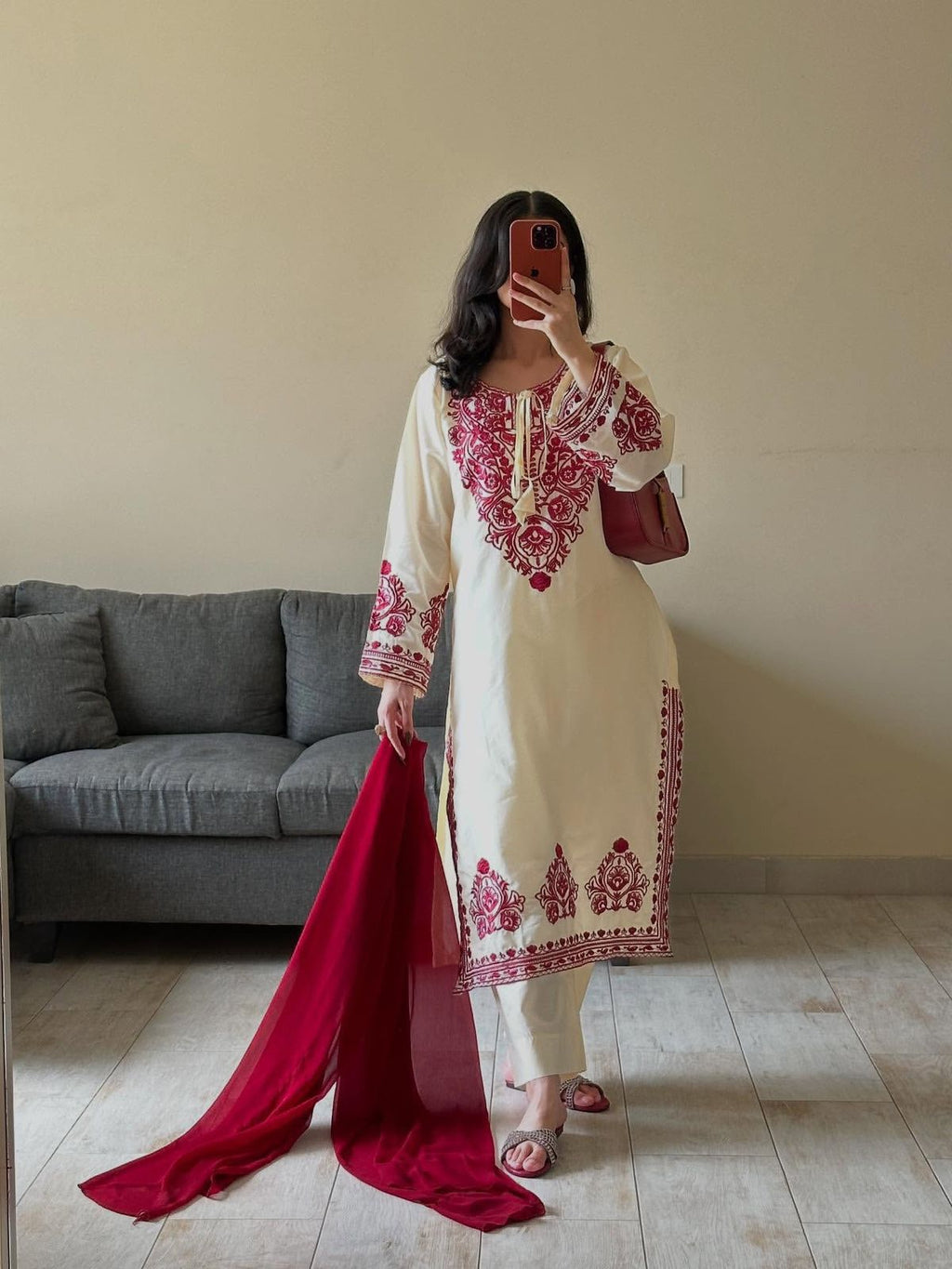 Festive Ivory Kurta Set with Bold Embroidery