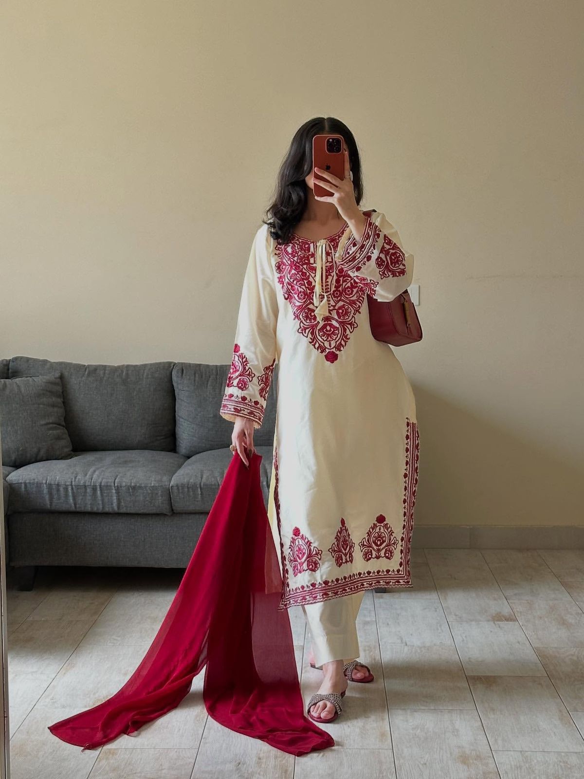 Festive Ivory Kurta Set with Bold Embroidery