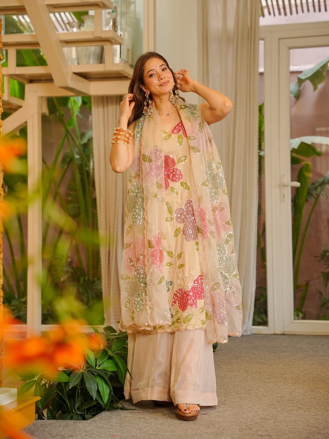 Beige Floral Embroidered Kurta Palazzo Set with Organza Dupatta