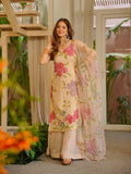 Beige Floral Embroidered Kurta Palazzo Set with Organza Dupatta