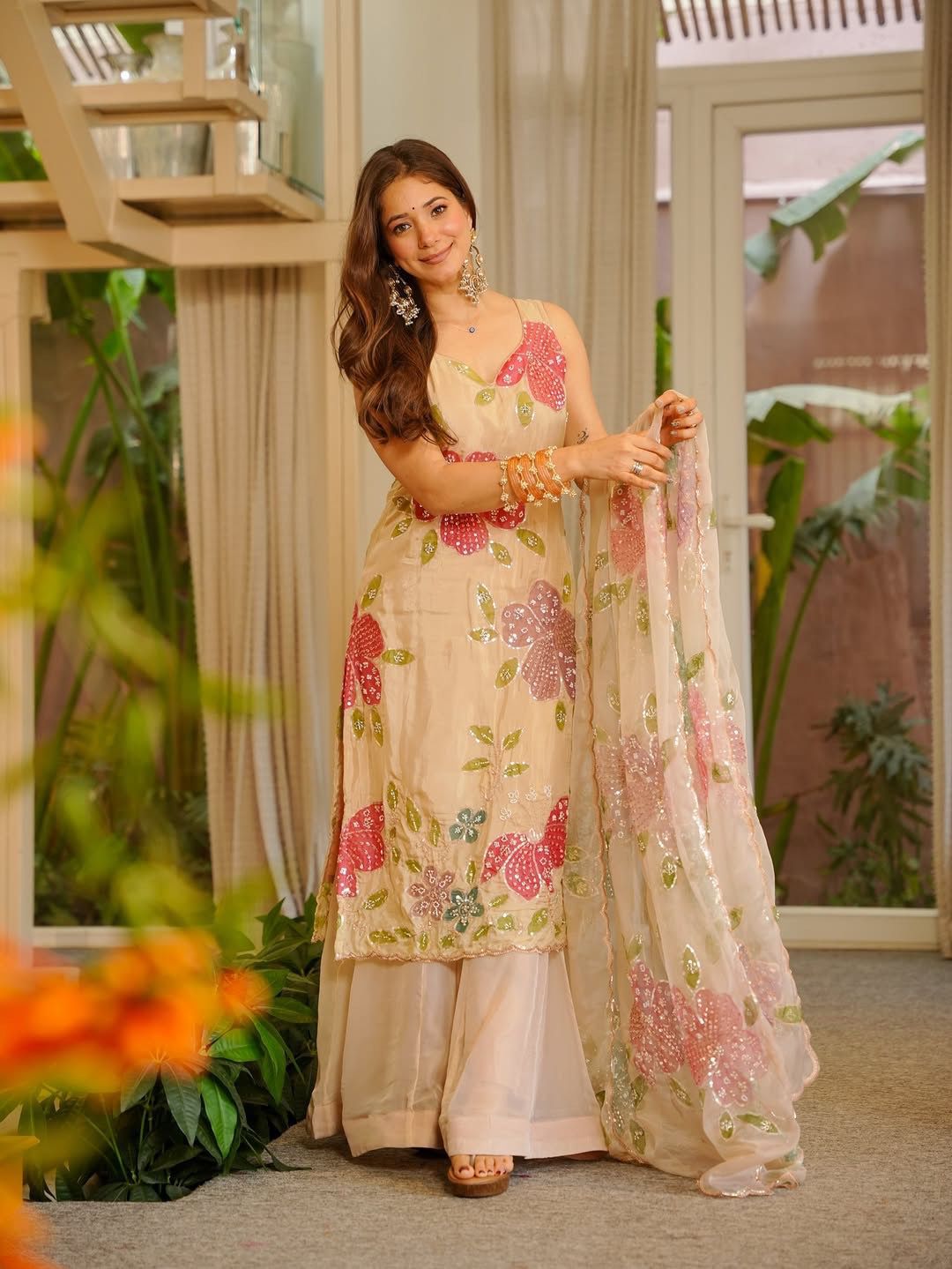 Beige Floral Embroidered Kurta Palazzo Set with Organza Dupatta