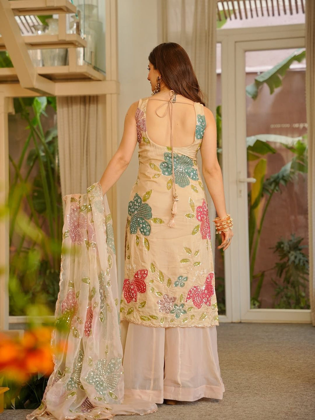 Beige Floral Embroidered Kurta Palazzo Set with Organza Dupatta