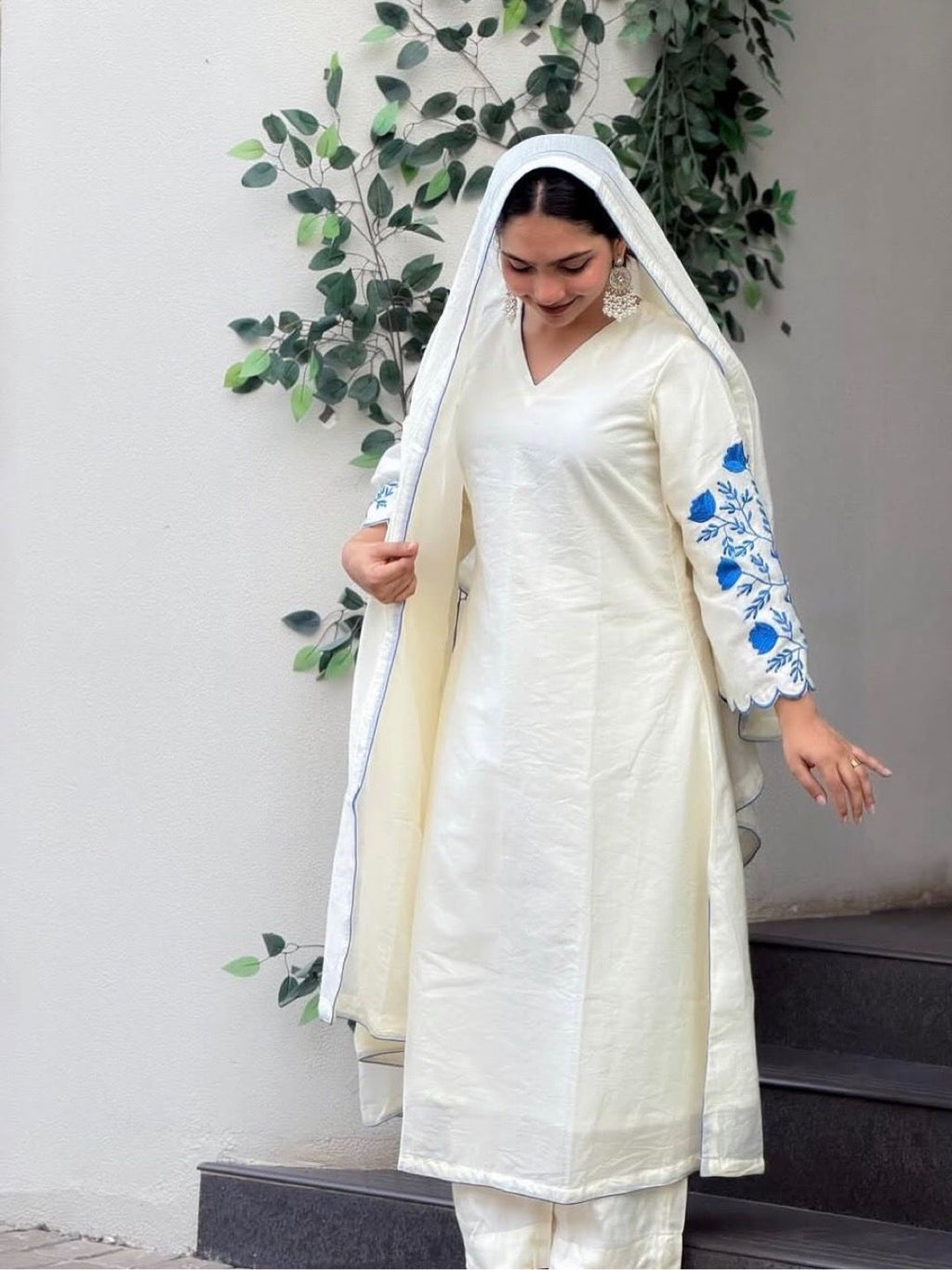 Floral Sleeve Embroidered Kurta Set with Dupatta