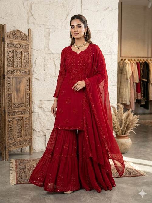 Beautiful Red Chikankari Suit Set
