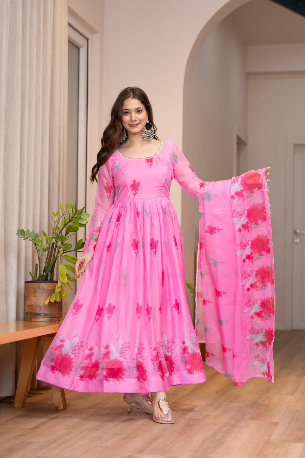 Floral Print Anarkali Kurta Set with Dupatta