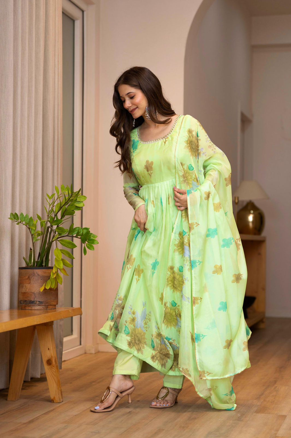 Floral Print Anarkali Kurta Set with Dupatta
