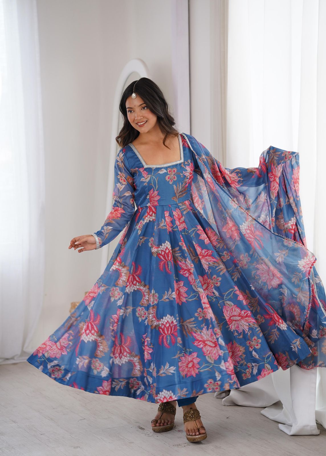 Elegant Flared Floral Anarkali Set