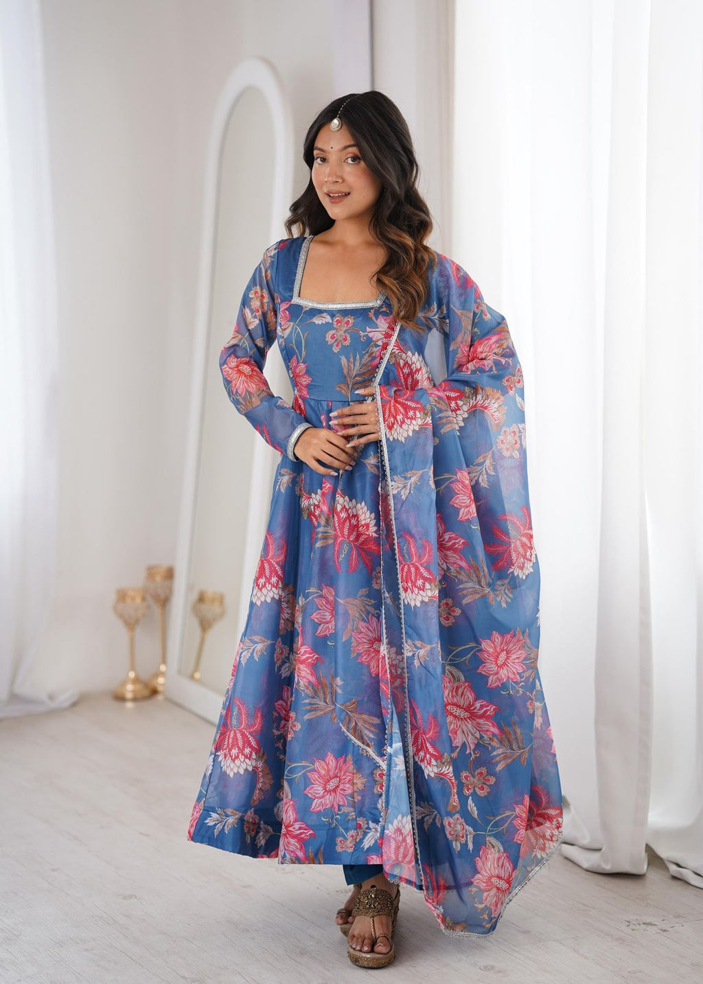 Elegant Flared Floral Anarkali Set