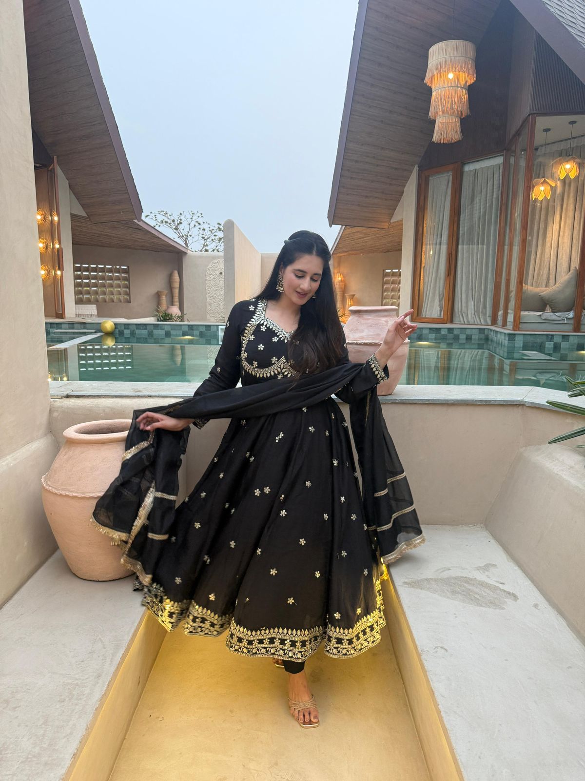 Black Floral Anarkali with Dupatta