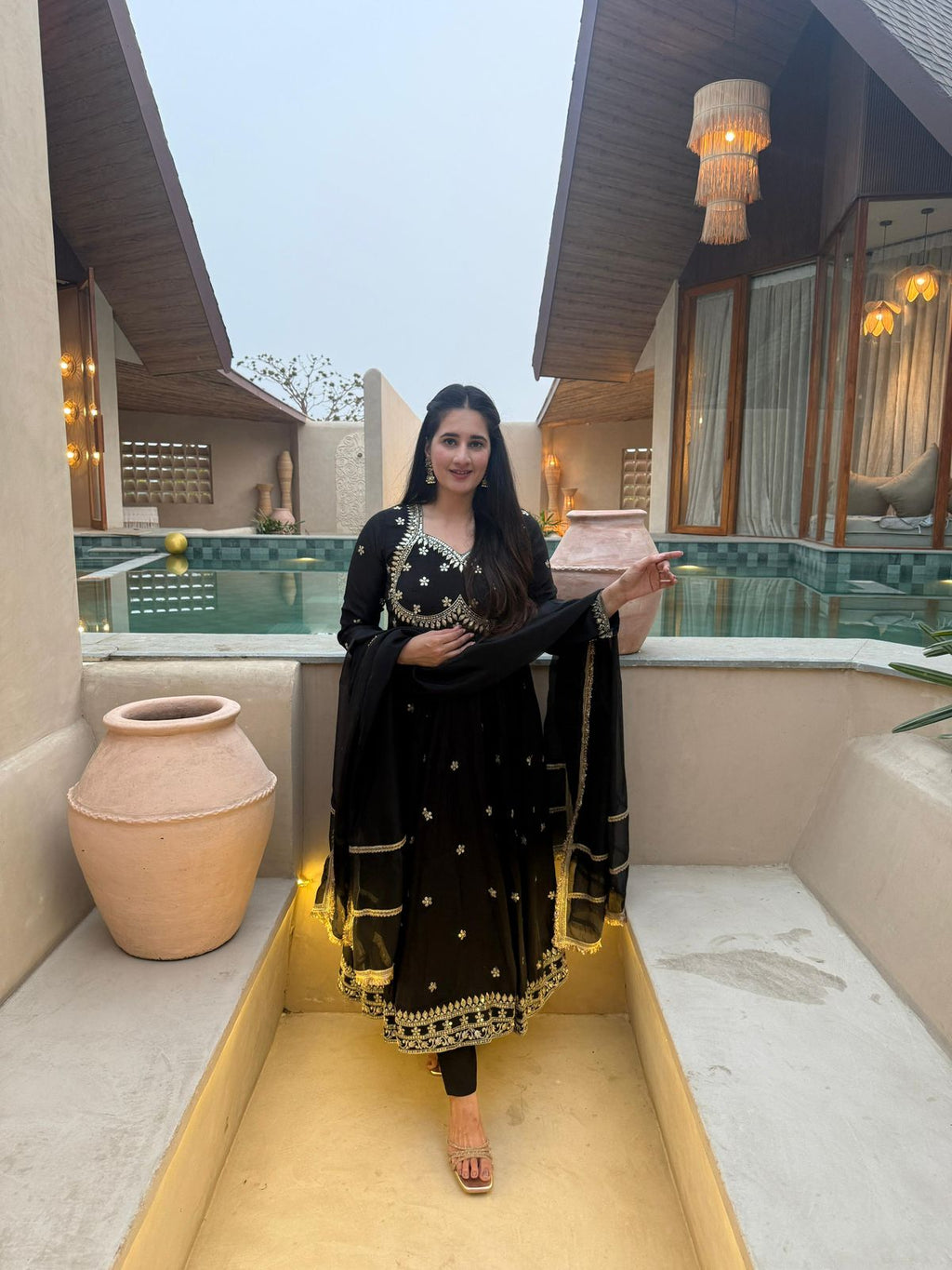 Black Floral Anarkali with Dupatta