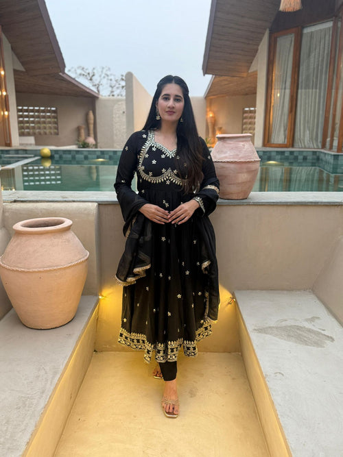 Black Floral Anarkali with Dupatta