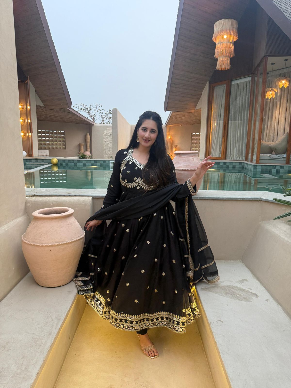 Black Floral Anarkali with Dupatta