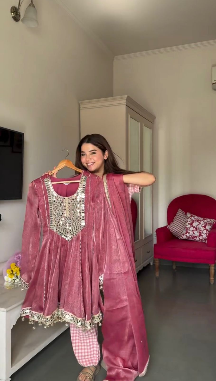 Gold Crush Mirror Work Kurti with Dhoti Pant