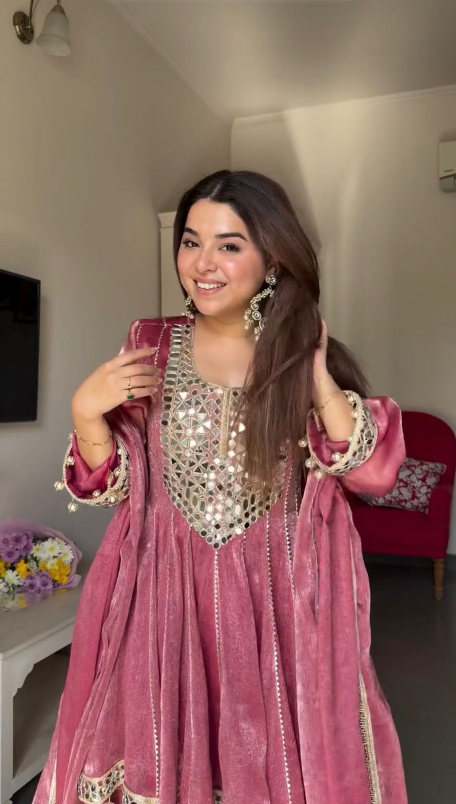 Gold Crush Mirror Work Kurti with Dhoti Pant