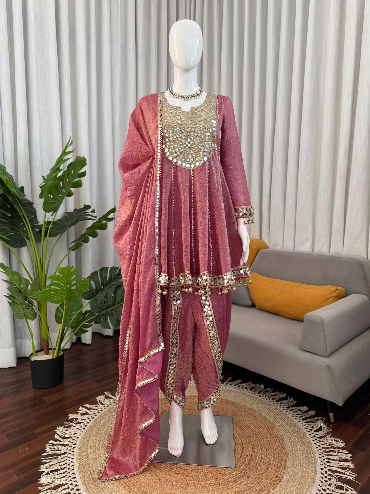 Gold Crush Mirror Work Kurti with Dhoti Pant