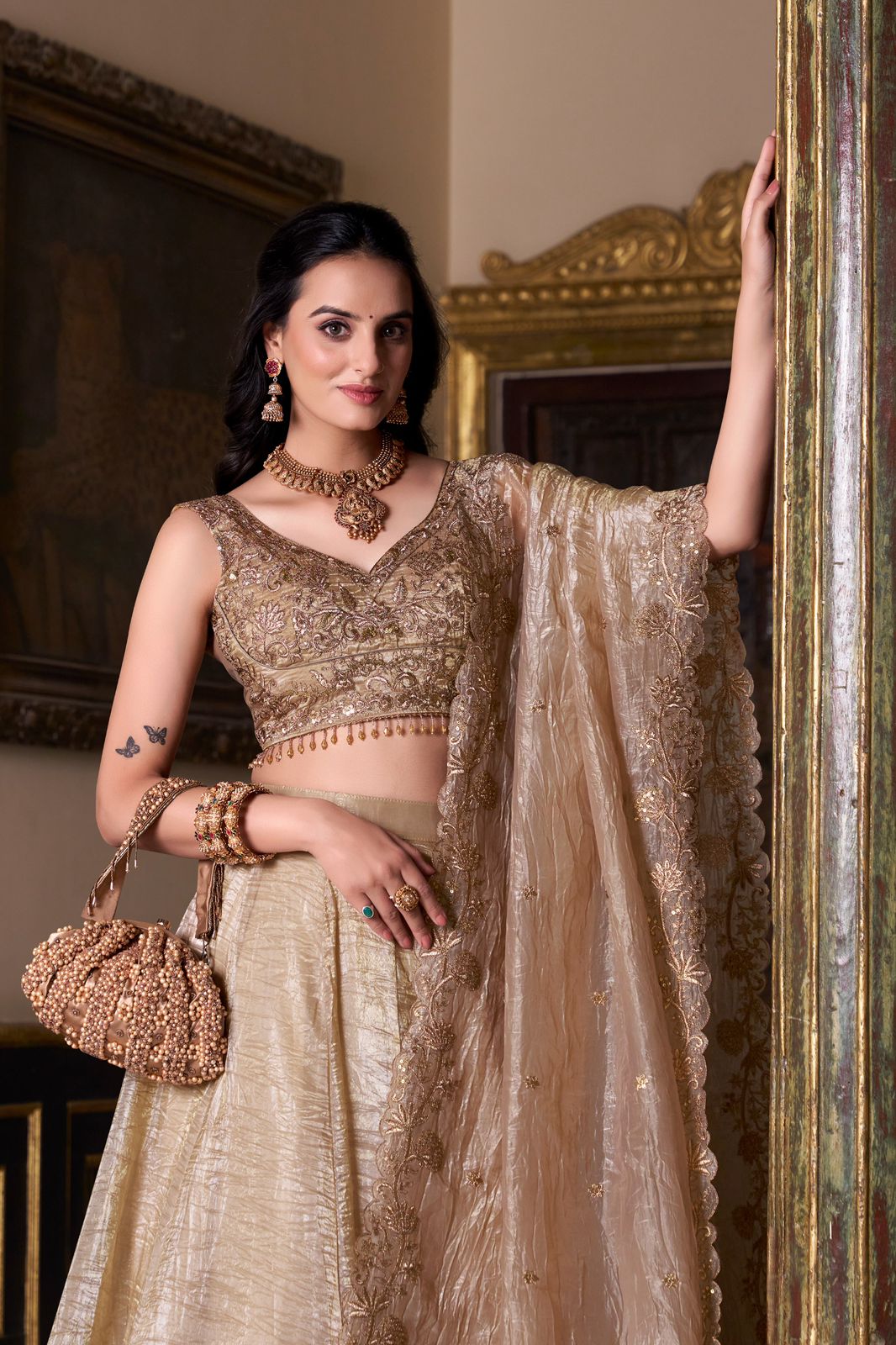 Gold Crush Lehenga Set with Embroidered Blouse & Dupatta