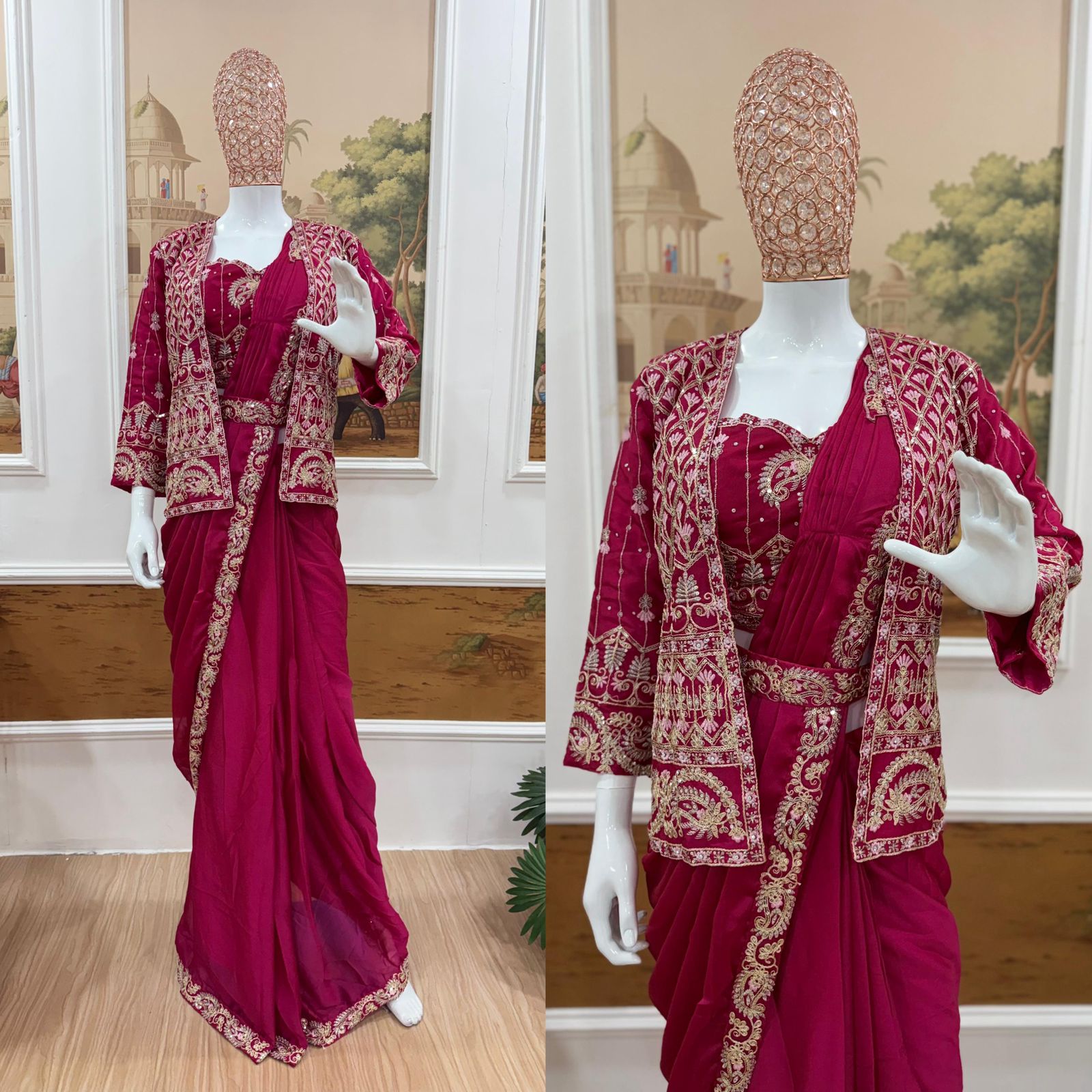 Royal Rangoli Silk Ready-to-Wear Saree Set with Heavy Embroidery Work