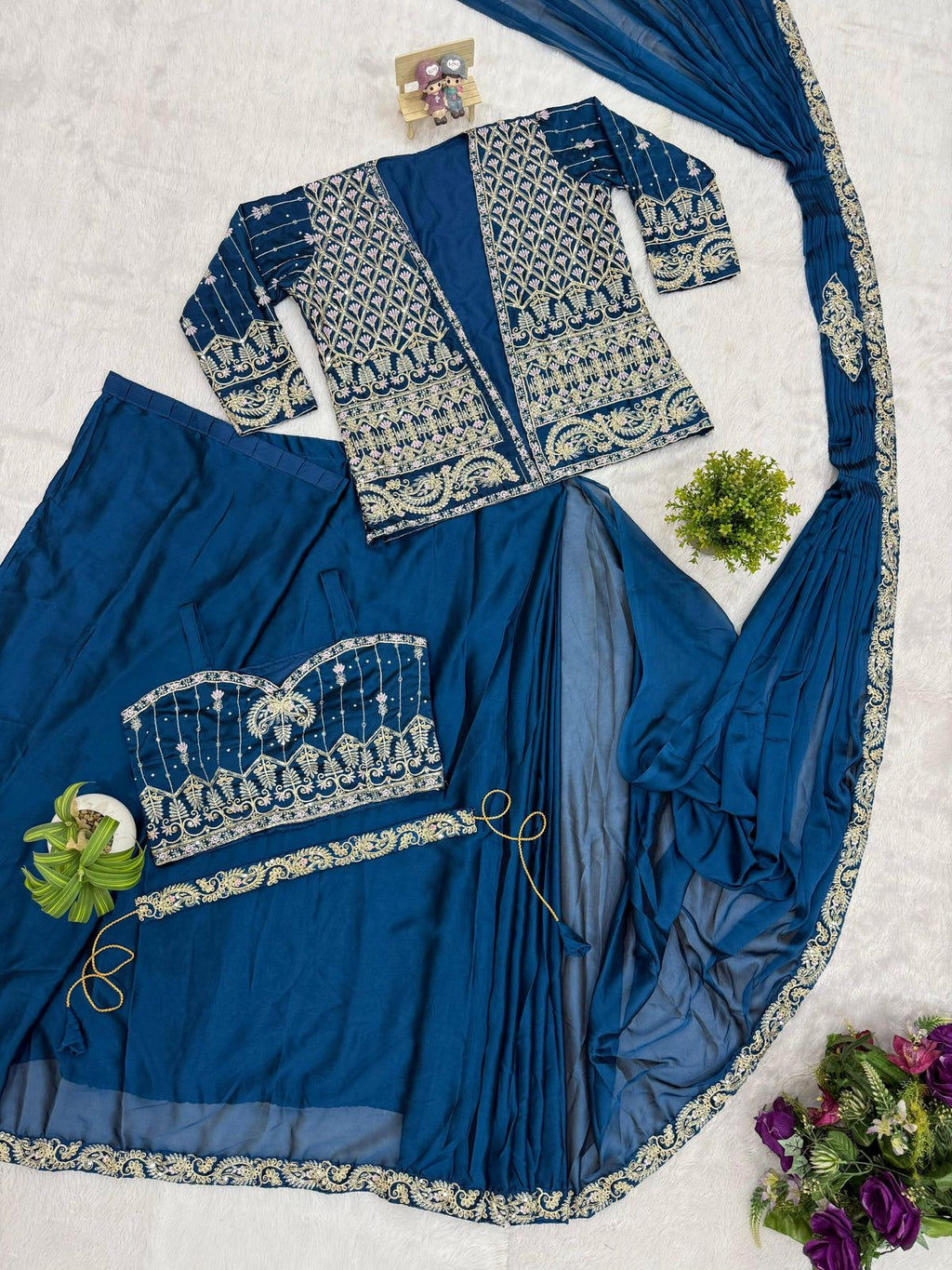 Royal Rangoli Silk Ready-to-Wear Saree Set with Heavy Embroidery Work