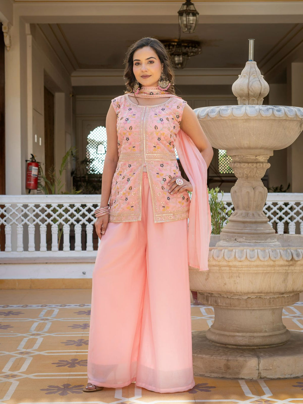Elegant Star Georgette Embroidered Palazzo Set with Dupatta