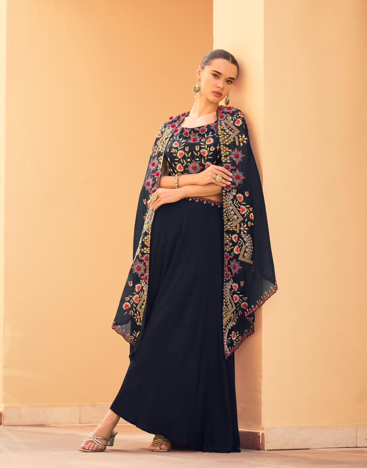 Premium Chinon & Organza Silk Designer Plazzo Set with Stylish Shrug