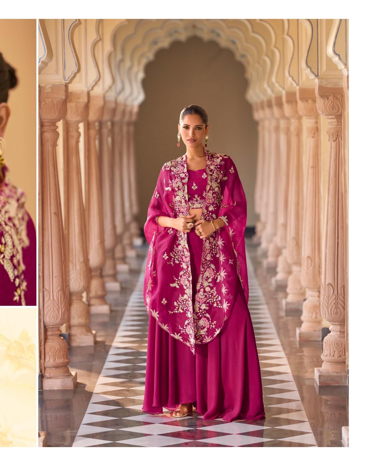 Premium Chinon & Organza Silk Designer Plazzo Set with Stylish Shrug