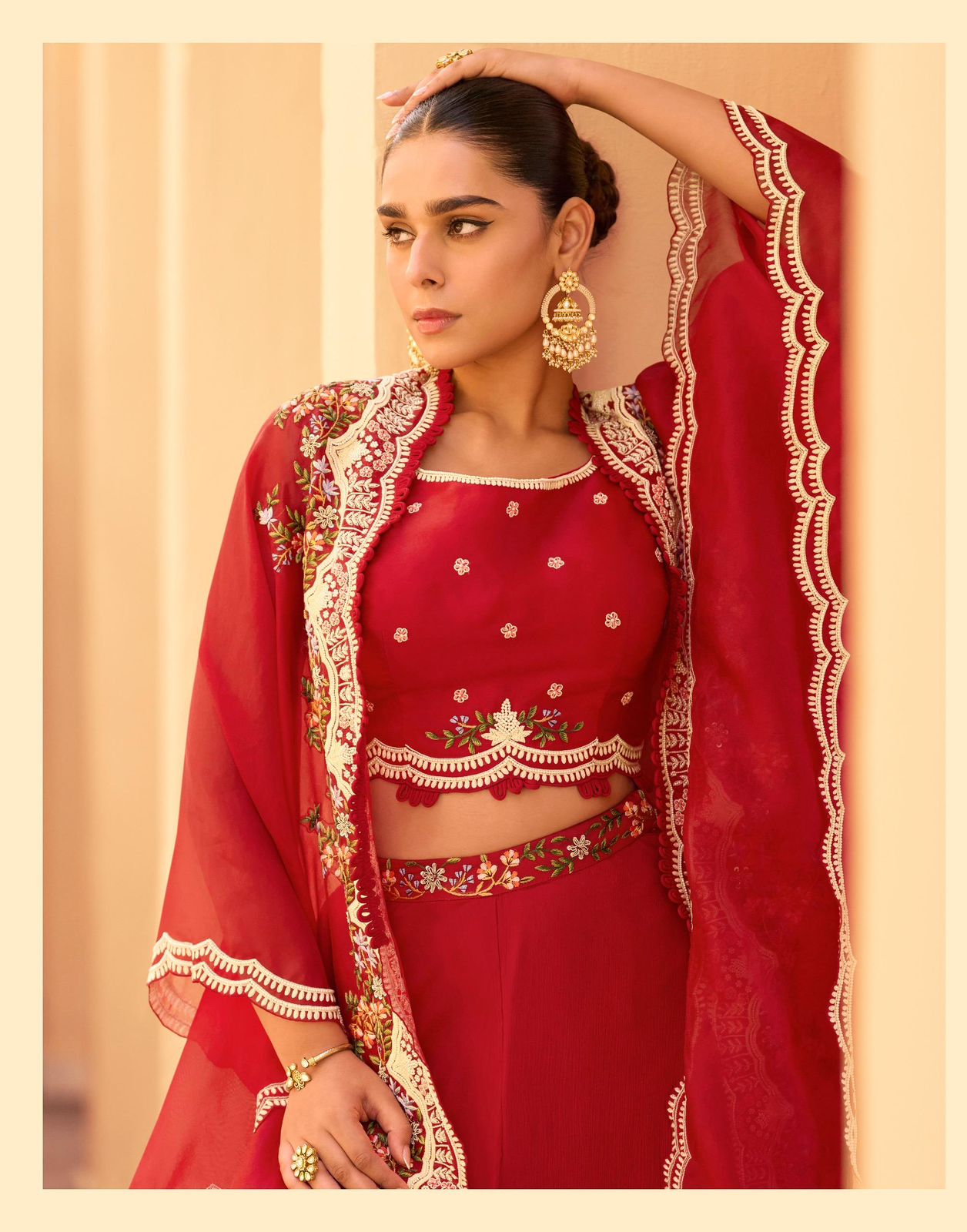 Premium Chinon & Organza Silk Designer Plazzo Set with Stylish Shrug
